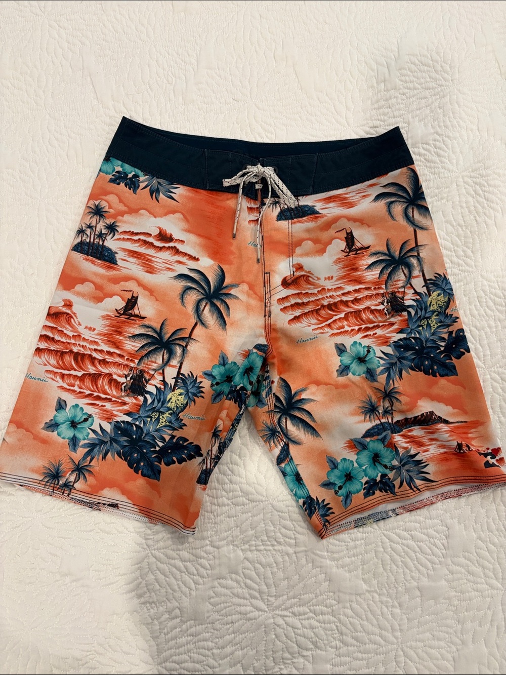 Billabong men’s Orange Tropical Floral Boardshorts with Teal Accents Sz 28